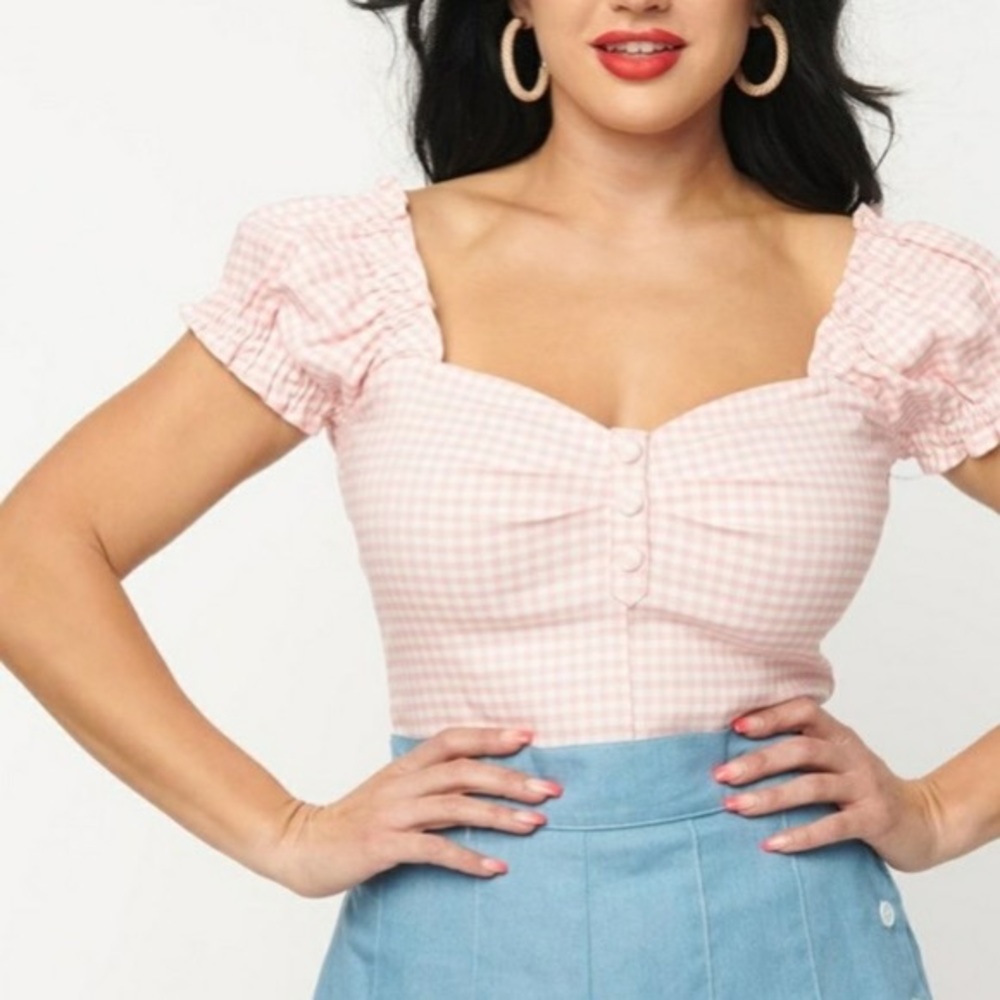 Unique Vintage Loretta Top - pink gingham size XL/14, NEW WITH TAGS